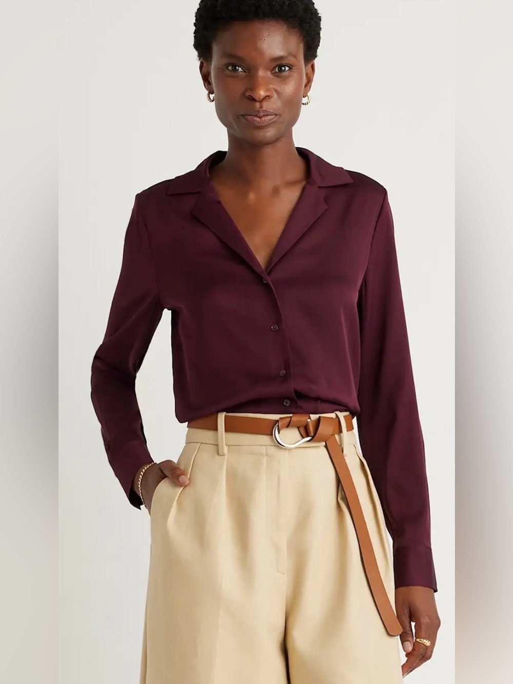 Quince Washable Stretch Silk Notch Collar Blouse Women’s M Burgundy Quiet Luxury